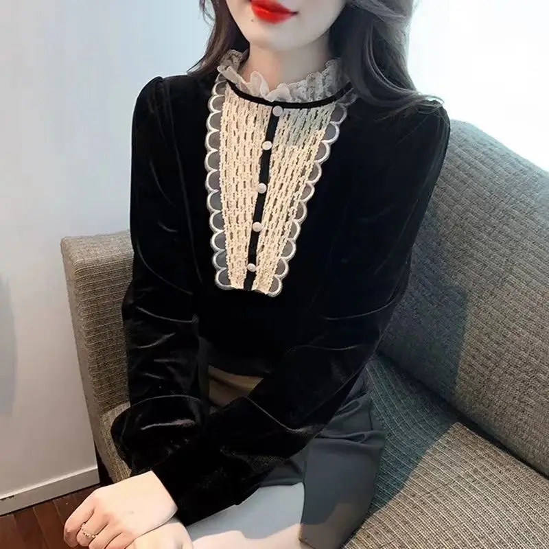 

Spring Autumn Korean Style Pleuche Lace Patchwork Sweet Elegant Shirt Lady Long Sleeve All-match Blouse Female Clothes B279