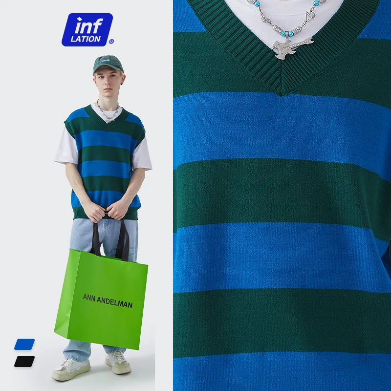 

INFLATION Contrast Color Vintage Striped Knitted Vest for Men Streetwear Pullovers