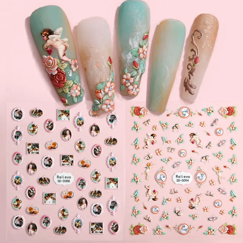 

1pcs 5D Relief Cartoon Nail Art Sticker Retro Cupid Angel Wings Flower Nail Decal Decoration DIY Self Adhesive Manicure Supplies
