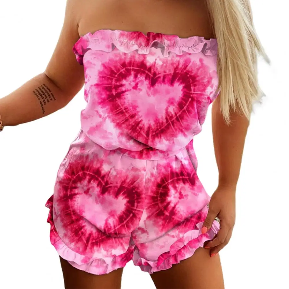 

Women Romper Short Breathable Elastic Colorfast Off Shoulder Romantic Shirring Edge Gradient Color Women Jumpsuit Women Clothes