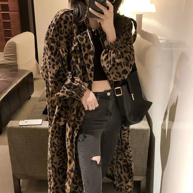 

Leopard Print Windbreaker Women's Long Autumn Thin Korean Version Loose Tooling Coat Ins Tide