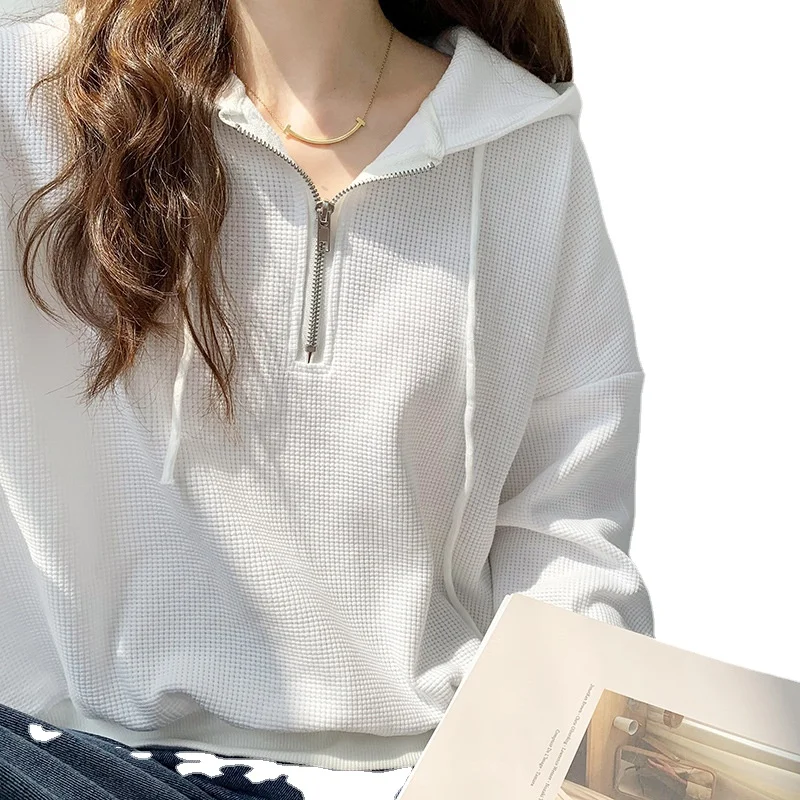 

Short Hooded Sweater 2022 Spring-Autumn New Loose coat Top Women‘s V-neck zipper Tether solid color pullover shirt simple sweet