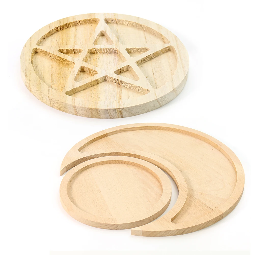 

Wooden Round Pallet Earring Organizer Sun Moon Pentagram Star Jewelry Box Retail Display Stand Wiccan Crystal Candle Holder Base
