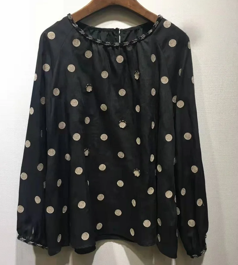 2022 Spring Summer Fashion Black Blouses High Quality Women O-Neck Polka Dot Patterns Embroidery Long Sleeve Casual Vintage Top