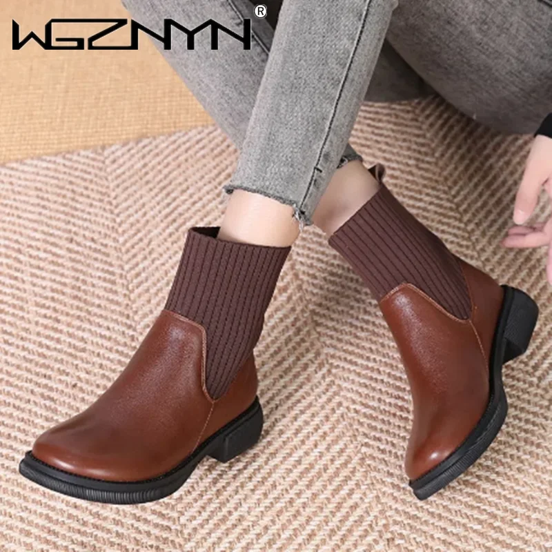 

2023 Platform Retro Autumn Winter Stretched Sock Boots Woman Slip on Genuine PU Leather Ankle Boots Thick Med Heels Dress Shoes