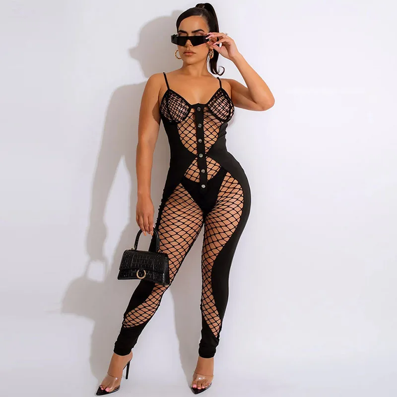 

Sexy Hollow Out Mesh See Through Jumpsuits for Women Party Night Sleeveless Skinny Rompers One Piece Jumpsuit Birthday Outfits