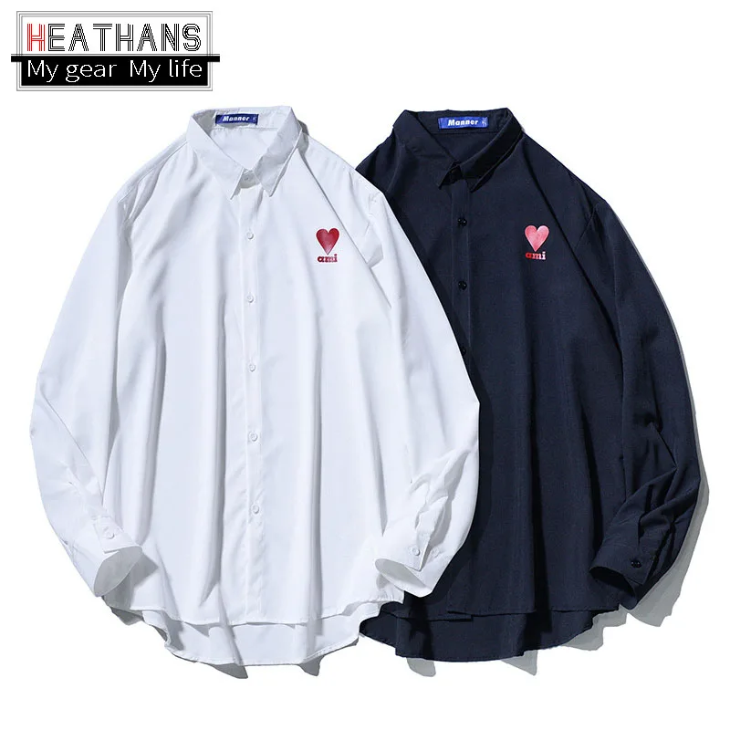 

2022 Spring New Love Long-sleeves Tops Men Thin Loose Coats Korean Youthful Male Fashion Shirt Casual White Black Men's Clothing