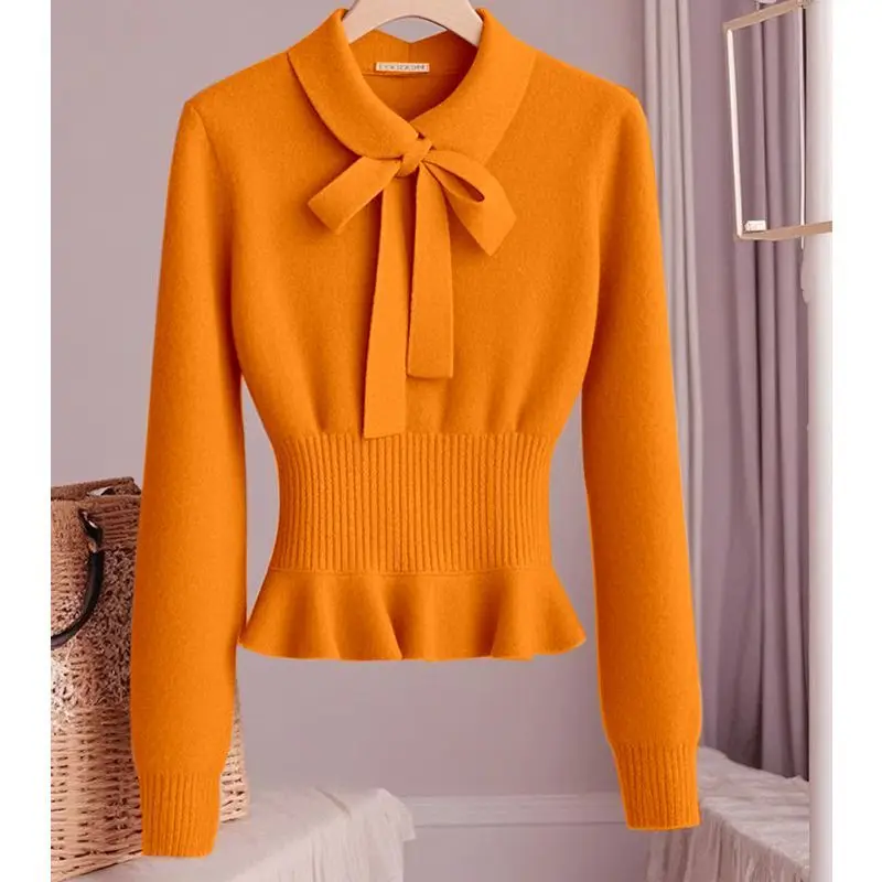 Осень 2024 новый нежный милый облегающий офисный женский вязаный свитер во
