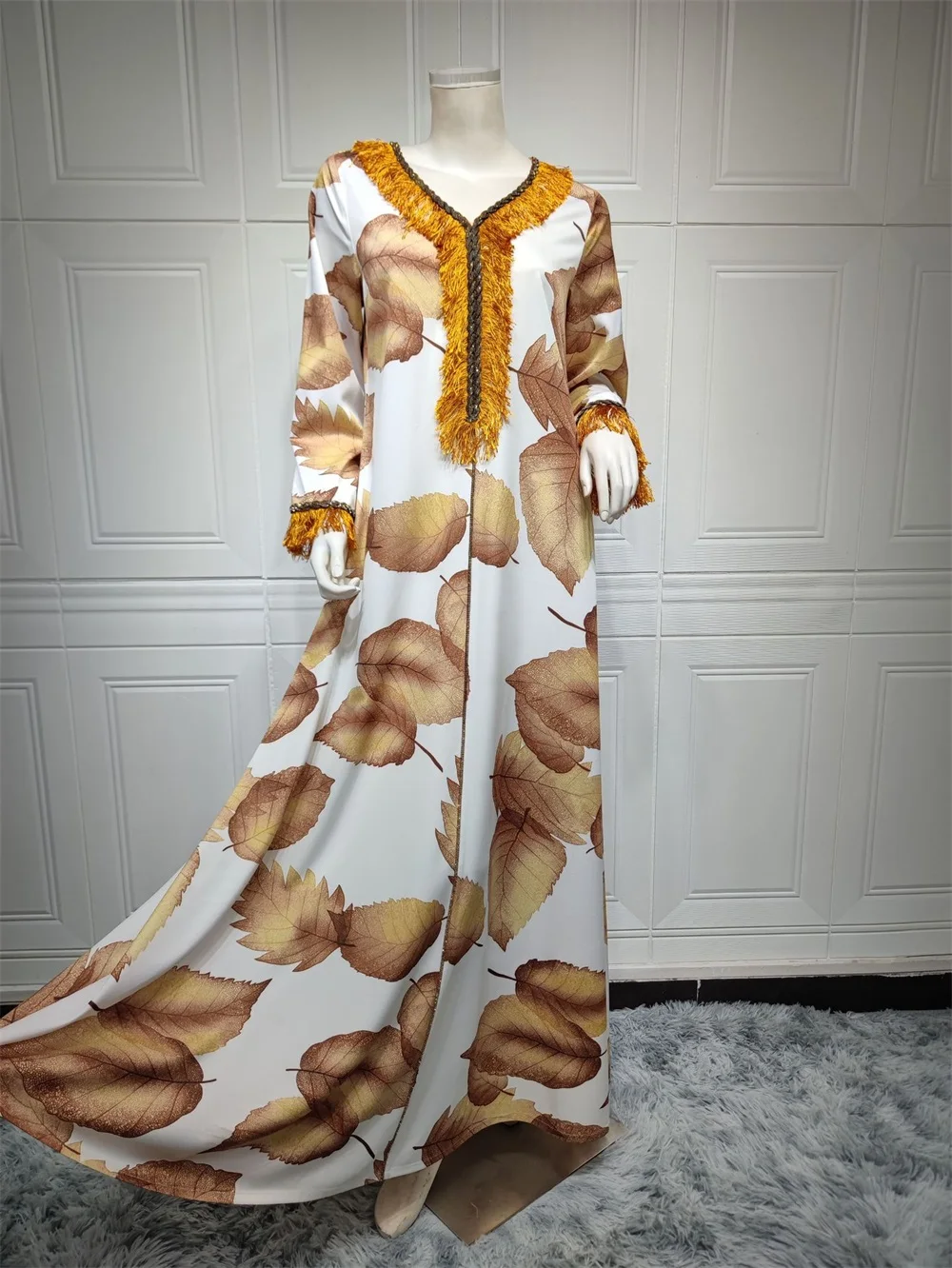 Women Dresses For Prom Leaf Print Diamonds V-Neck Feather Long Sleeve Contrast Color Modest Fashion Dress Ramadan