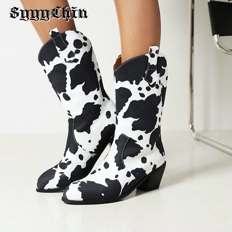 

Winter Women Boots Mid Calf Chunky Heel Mixed Color Lady Pumps Plush Female Fashion Design Warm Pointed Toe Shoes Mujer Zapatos