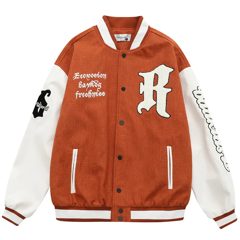 

Autumn PU Leather Patchwork Baseball Jackets Mens Harajuku Vintage Letter Towel Embroidery Jacket Oversize 100%Cotton chaquetas