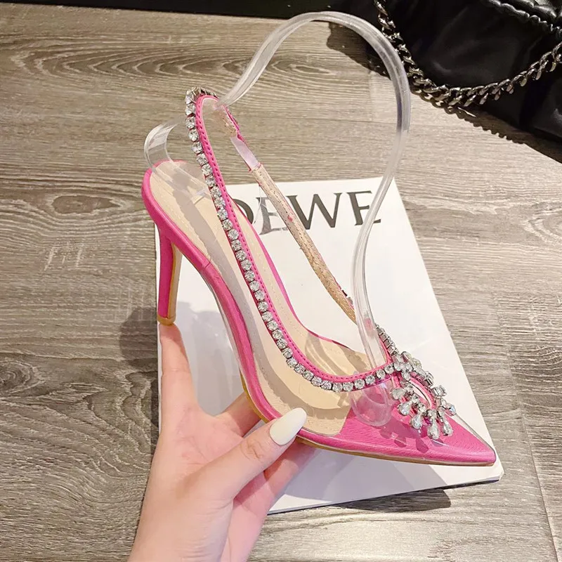 Women's transparent sandals 2023 pointed high heel rhinestone chain crystal French PVC wrapped thin heel banquet muller shoes