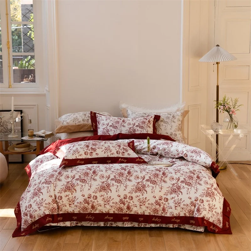 

American Flowers Printing 100S Egyptian Long-staple Cotton Bedding Embroidery Quilt/Duvet Cover Set Bed Linen Pillowcases