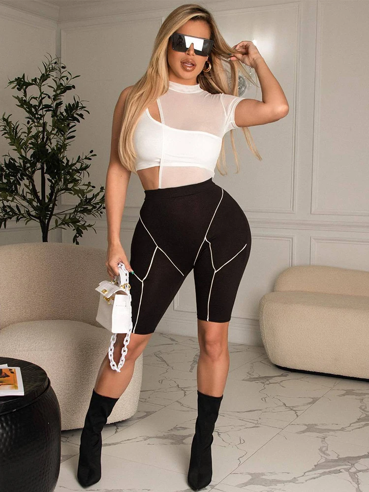 

2022 New Summer 2 Piece Sets Womens Outfits O-Neck Mesh See Trhough Hollow Tops and Bodycon Knee Length Short Pants Club Outfits