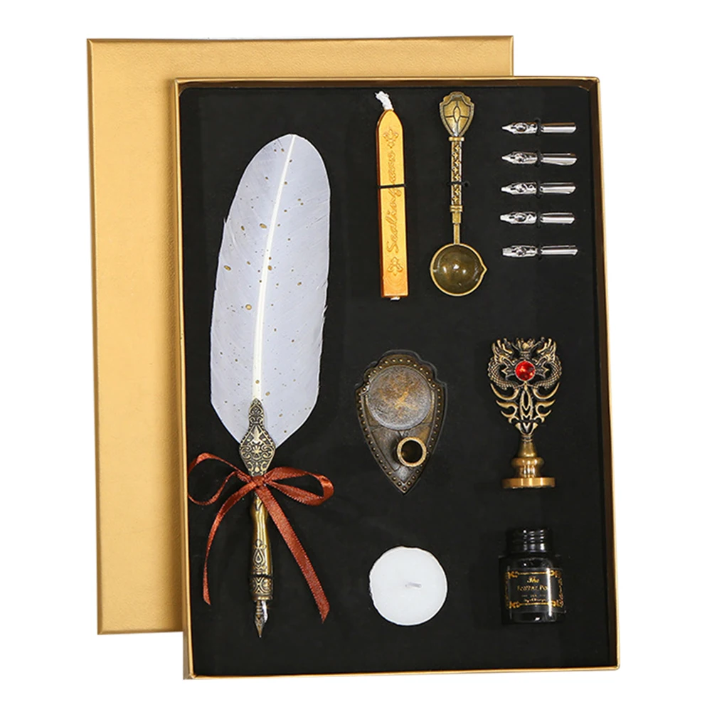 

Sprinkling Gold Ink Bottle Calligraphy Feather Dip Pen Dip Water Metal Fountain Pen Set Birthday Gift Retro Fountain Pen Set