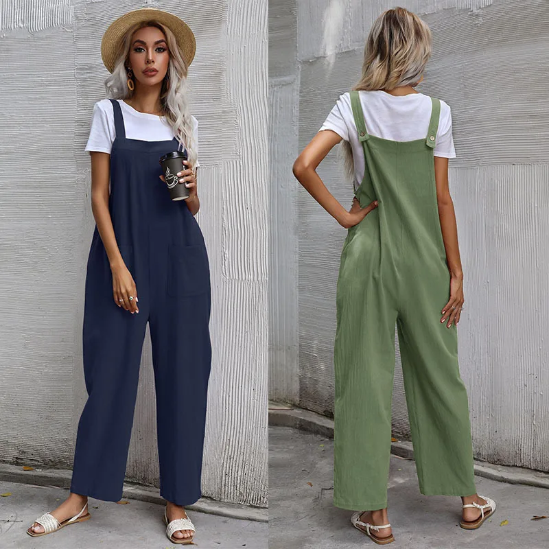 

Summer New Casual Women's Solid Color Suspenders All-in-one Wide-leg Pants
