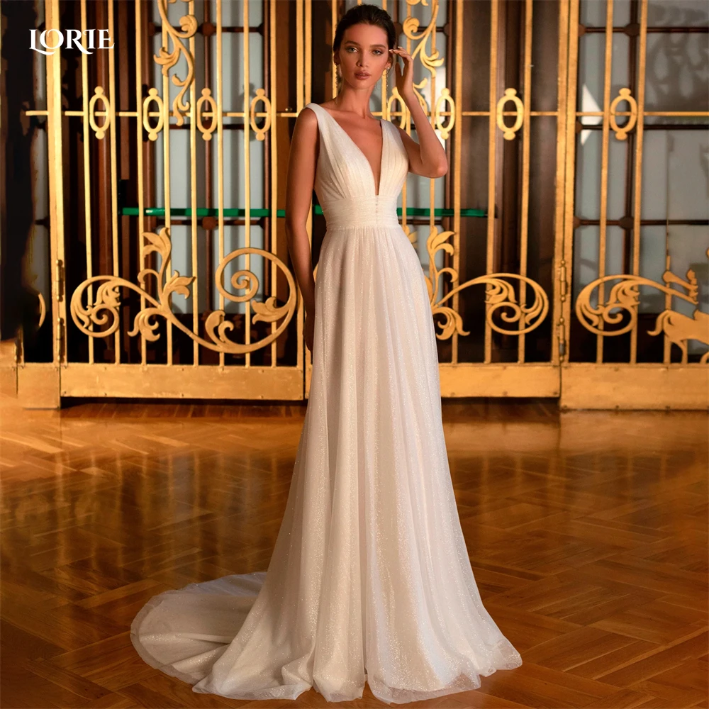 

LORIE Королевское винтажное блестящее свадебное платье, блестящее, с глубоким V-образным вырезом, ТРАПЕЦИЕВИДНОЕ, с жемчужинами, блестящее, без рукавов, платье невесты