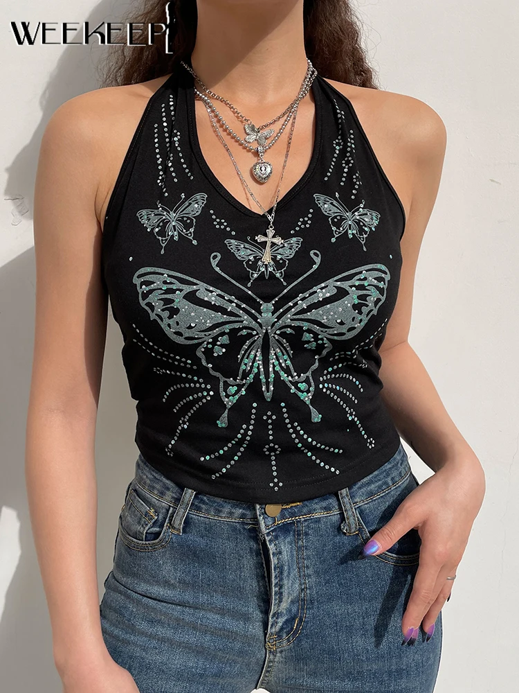 

Weekeep Women's Butterfly Print Vest Summer Casual Backless Halter Crop Top Gothic Basic Tank Tops Y2k Harajuku Streetwear Shirt