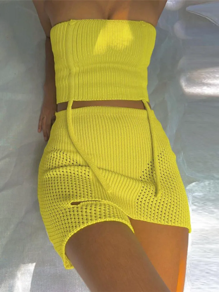 

Sexy Party Two Piece Sets Summer Halter Neck Crop Top And Mini Skirts Bodycon Casual Yellow Party 2-Piece Sets Women Outfit