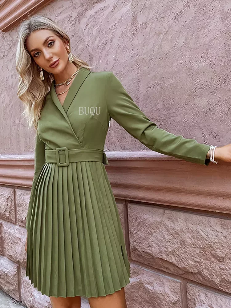 

Elegant v-neck A-line pleated midi dress women green Office long sleeve belt blazer dresses Casual female vestidos 2021