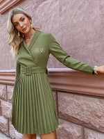 elegant v neck a line pleated midi dress women green office long sleeve belt blazer dresses casual female vestidos 2021