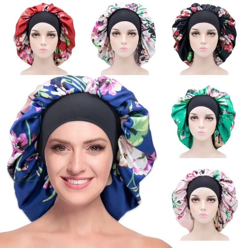 

Amazon New Printed Satin Shower Cap Elastic Wide Brim Nightcap Women's Fashion Chemotherapy Hat Exclusive for Cross-Border