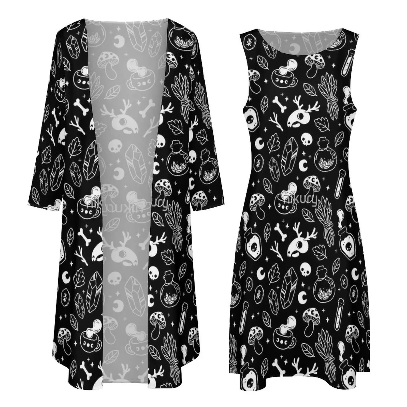 Ведьминские ингредиенты черно-белое платье Nikury элегантное макси на Хэллоуин