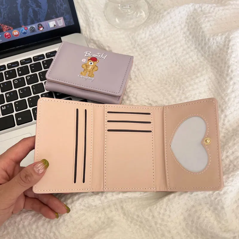 

Women Short Wallet PU Leather Cute Bear Coin Purse Card Holder Money Clip Student Tri-fold Cartoon Wallets Girls Mini Money Bag