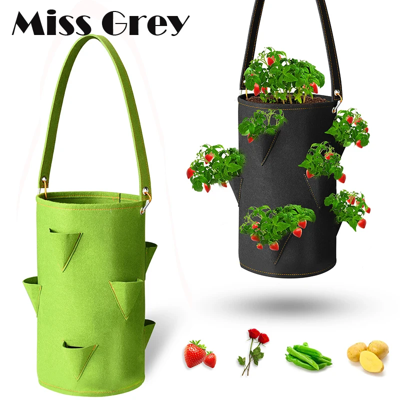 

5 Gal 8 Holes Strawberry Grow Bag Hanging Reusable Plants Flower Tomato Planting Bag Anti-side Leakage Garden Vegetable Felt Bag