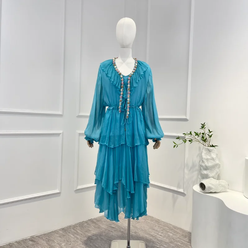 

New Collection 2023 Women Fashion Yellow Blue Silk Cascading Flouncing Ruffles Long Lantern Sleeve Midi Dress