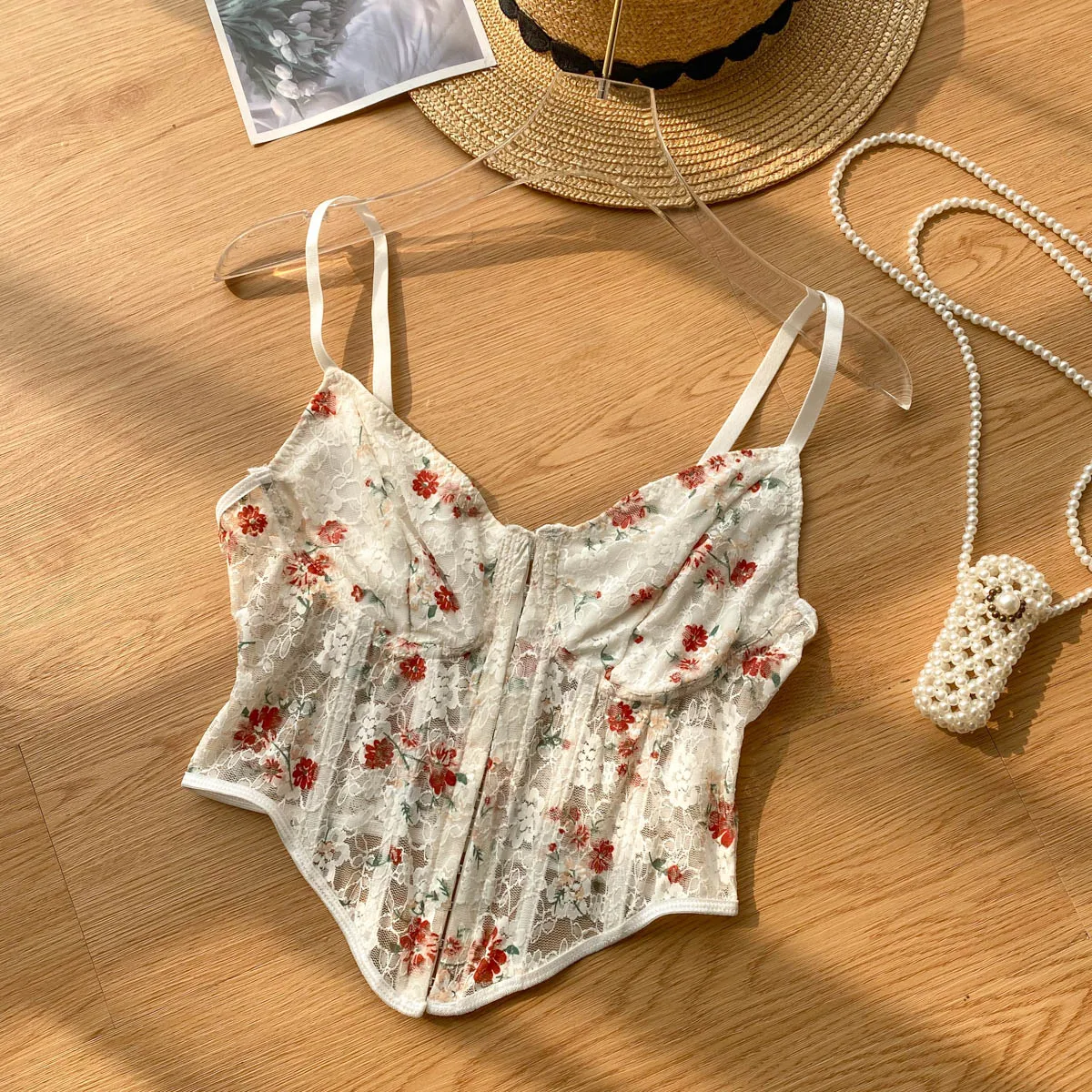 

Women Embroidery Camis Hot Sweet Irregularity Print Crop Top Elegance Single Breasted Hollow Out Tank Tops Sheer Backless Corset