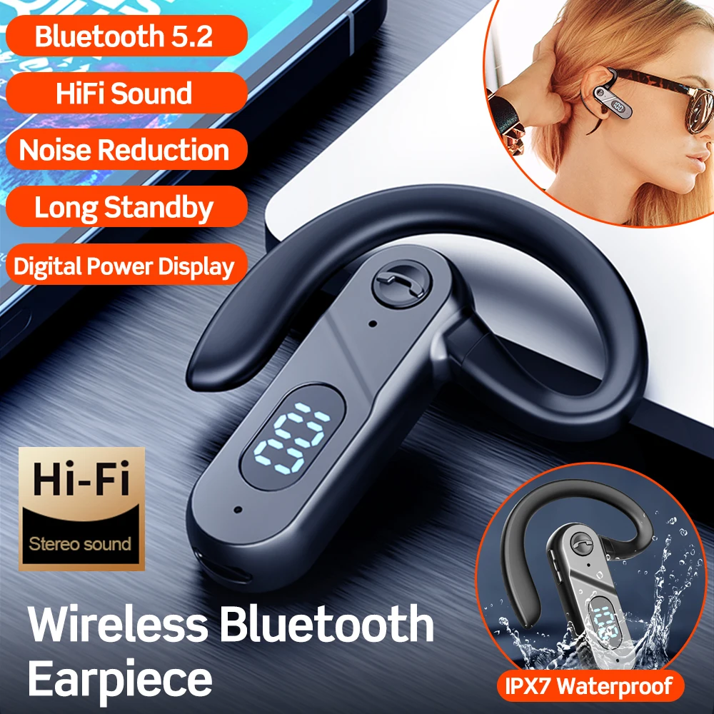 

original Wireless Bluetooth Headset V5.2 Single Ear Hook HiFi Sound Headphones WIth IPX7 Waterproof Power Display Voice Control