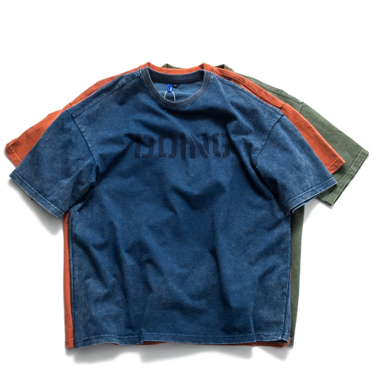 

Japanese Vintage Water Wash Old Sand Wash Round Neck Summer Loose Short Sleeve T-shirt Fashion Military Style Tees Men's