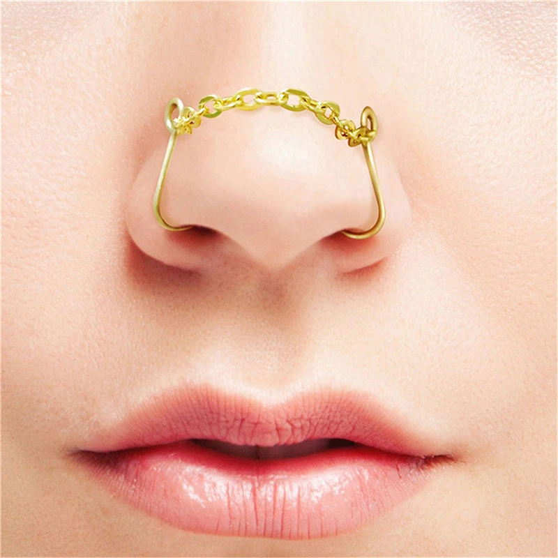

Unique Nose Chain For Double Fake Nose Piercing Cuff Gold Brass Nostril None Pierced Fake Nose Cuff Nose Ring Jewelry