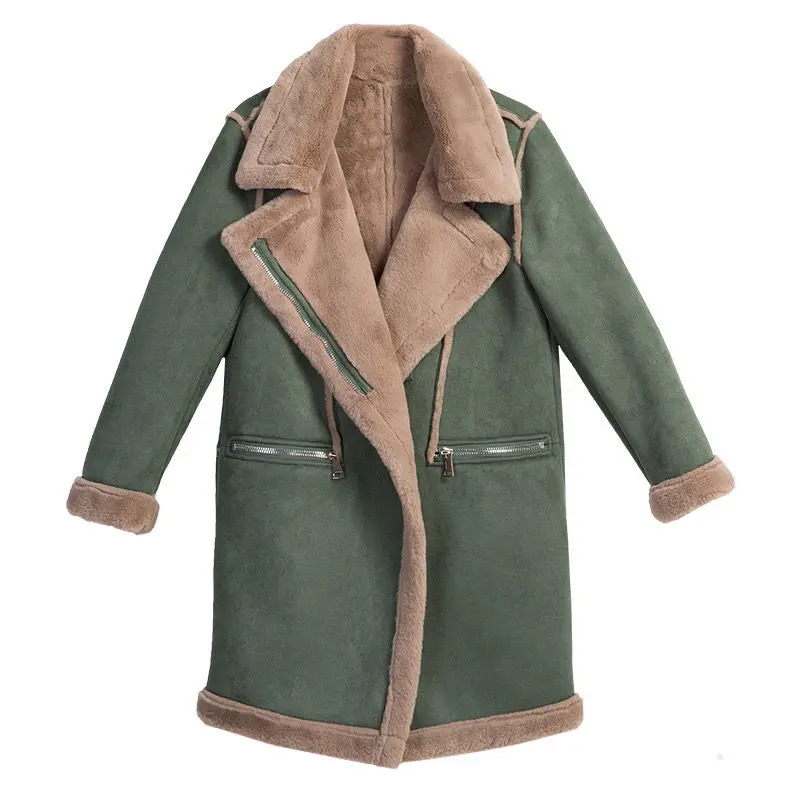 

2022 Winter Thickened Deerskin Cashmere Lamb Wool Coats And Jackets Green Coat Solid Wide-waisted Casual Clothes