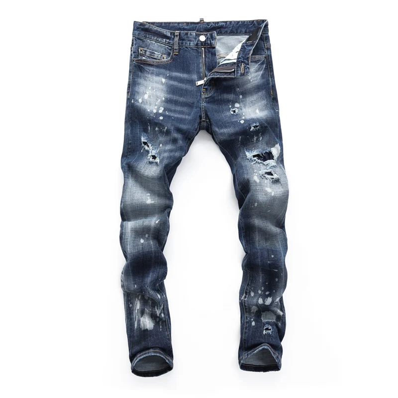 Street Fashion Men Jeans High Quality Retro Blue Elastic Slim Fit Painted Ripped Jeans Men Patched Hip Hop Brand Pants Hombre