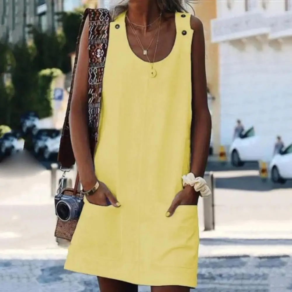 

Однотонное повседневное женское мини-платье без рукавов, пляжный сарафан на пуговицах с карманами