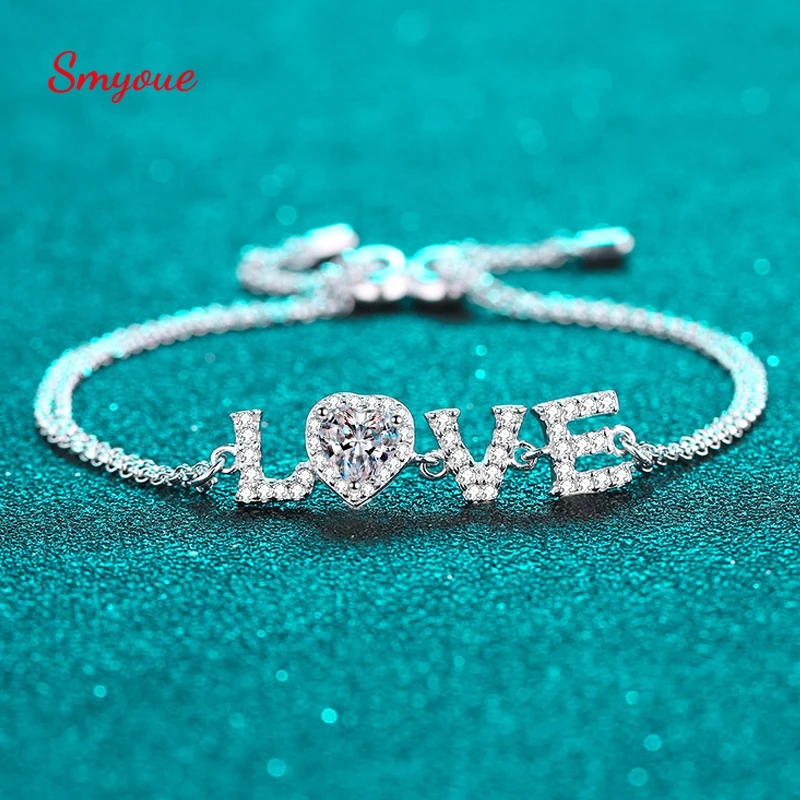 

Smyoue 0.5CT Heart Cut Moissanite LOVE Bracelet for Women 100% 925 Sterling Silver White Gold Bracelets Simulated Diamond Gift