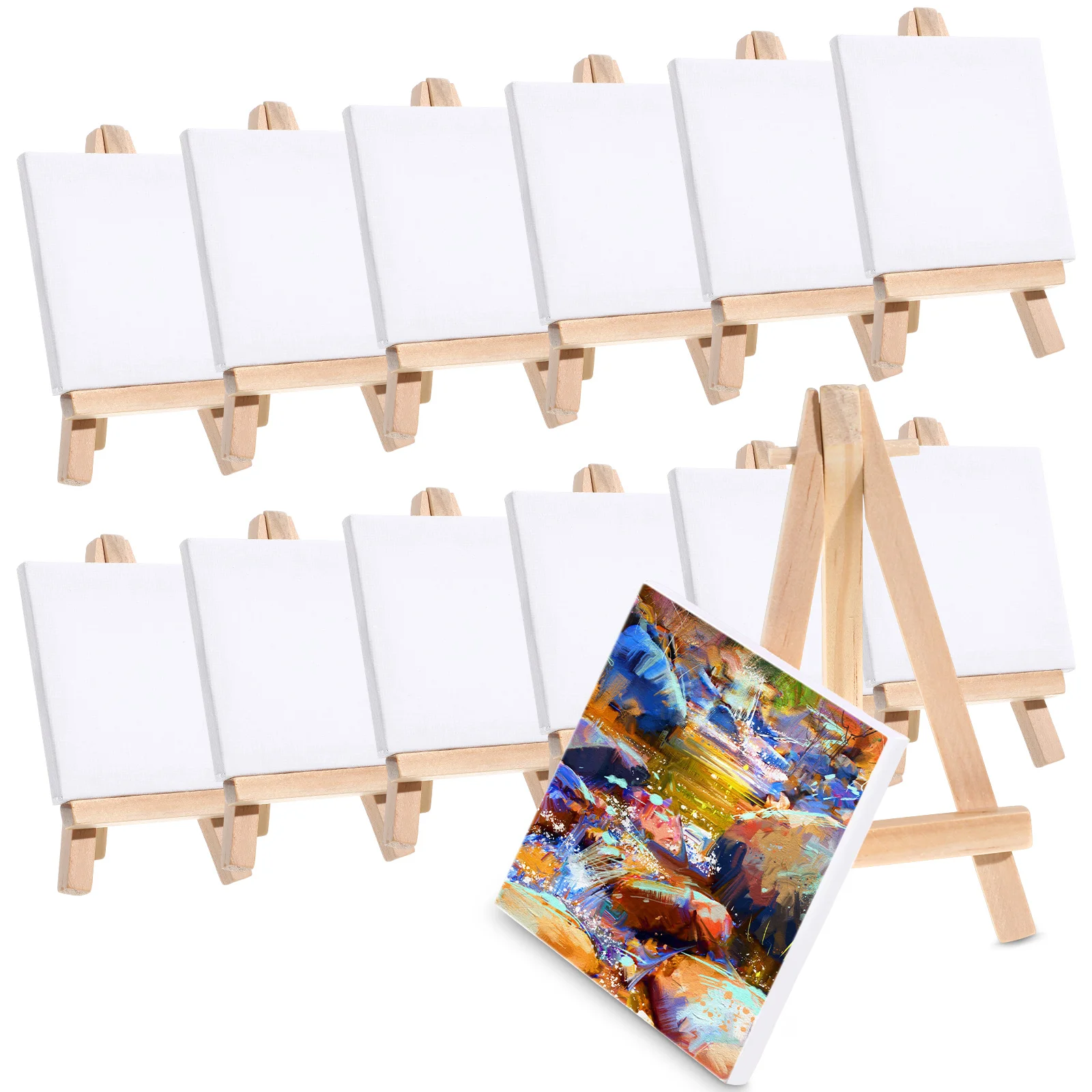 

12 Sets Mini Easels with Canvas Boards Small Easel Stands with Canvas Panels for Kids Students Adults Painting