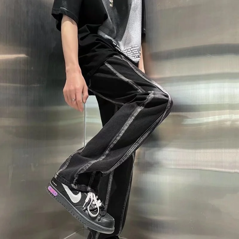 Baggy Black Jeans Men Fashion Retro Tie Dye Jeans Mens Japanese Streetwear Loose Hip Hop Straight Denim Pants Mens Trousers