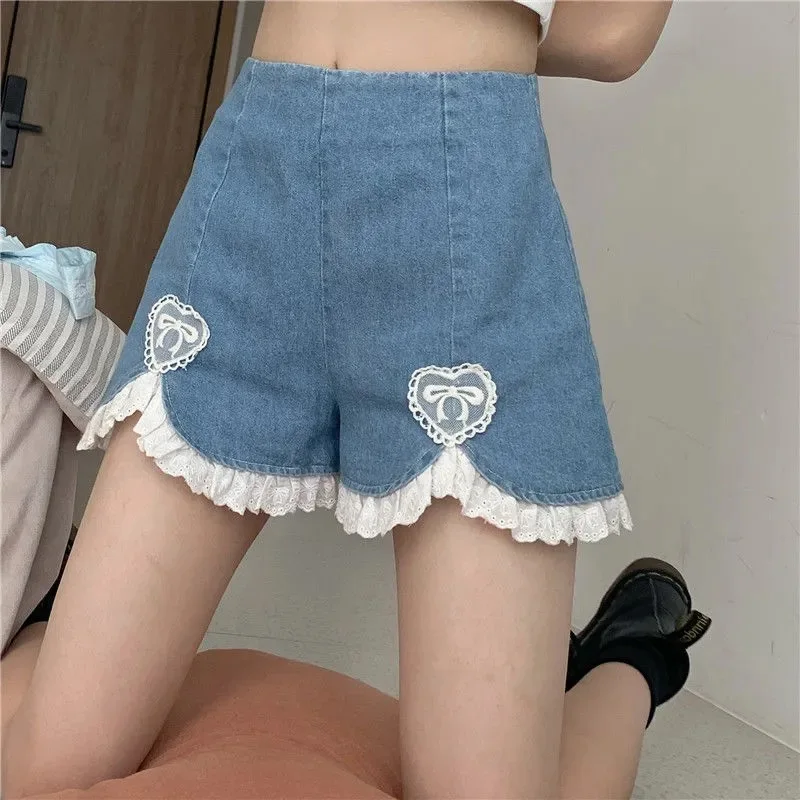 Women Summer Kawaii Sexy Blue Shorts 2021 Cute Lolita Girls Denim Shorts M-4XL Japanese Sweet High Waist Lace Irregular Bottoms