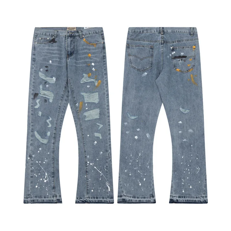 

GALLERY DEPT 2023 New Men And Women Patchwork Hip Hop Jeans Pants Streetwear Splash Ink Flared Destroyed Ripped Wide Leg Pants