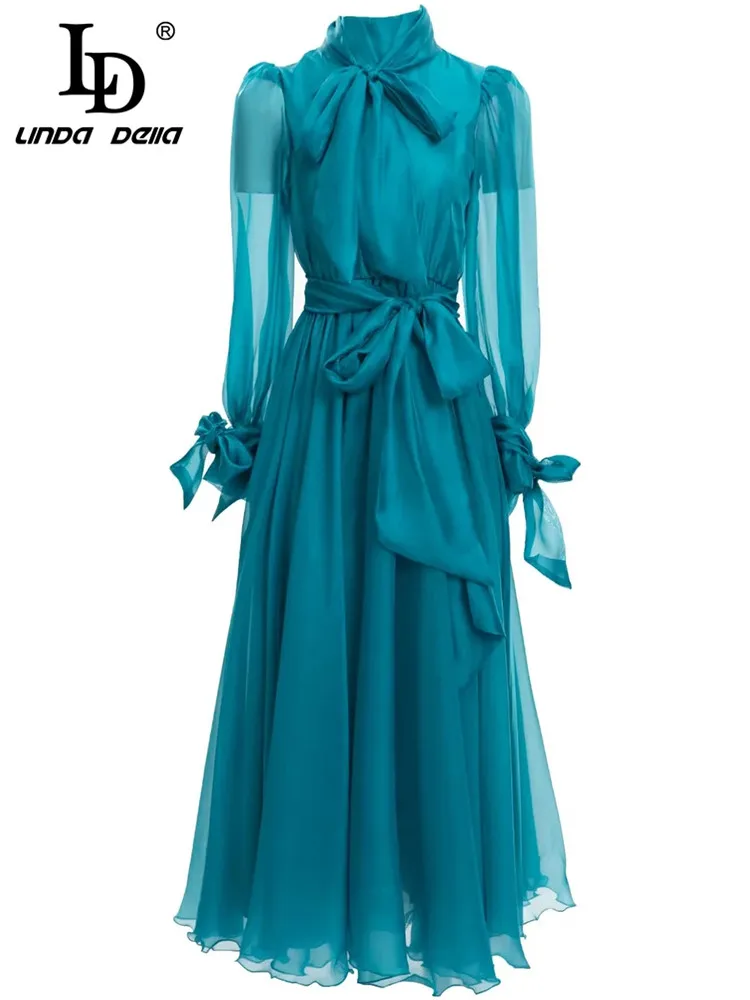 LD LINDA DELLA Fashion Runway Spring Dress Women's Stand collar Lantern lONG sleeve Bow Belted Solid Midi Dresses