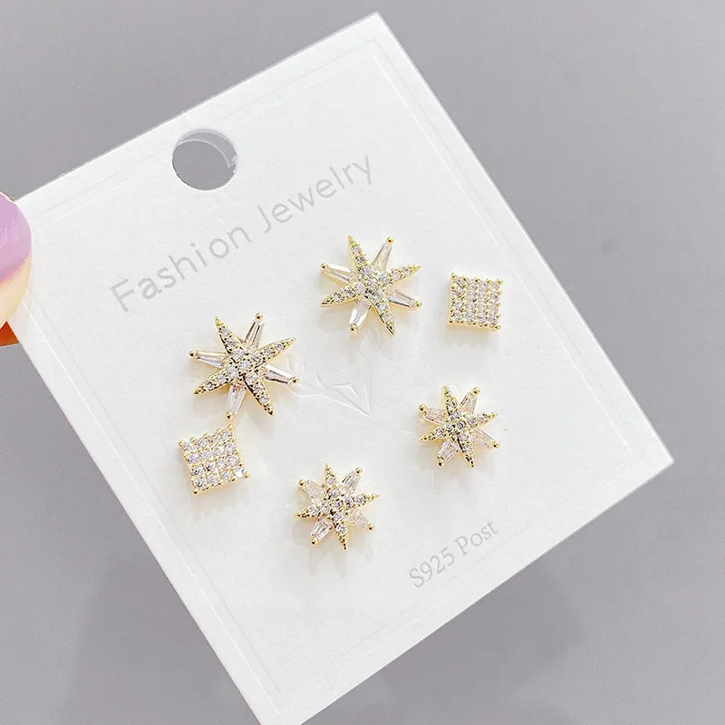 

Sterling Silvers Needle Micro Inlaid Zircon Eight Awn Star Three-Piece Earrings One Card Three Pairs Combination