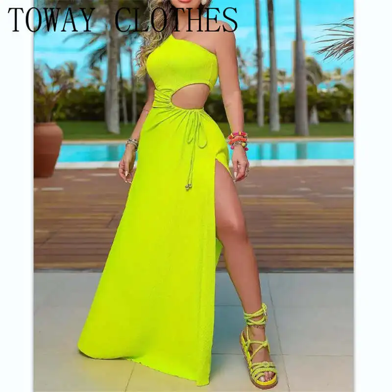 

Women Solid Elegant One Shoulder Cutout High Slit Casual Dress Midriff Vacation Sexy Maxi Lace Up Beach Hiogh Silt Dresses