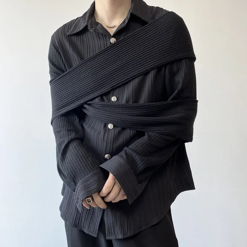 

Men's Shirt Autumn Casual Men's Clothing Solid Black Gothic Japan style Shirts Owen Seak Korean Style Men Shirts Removable