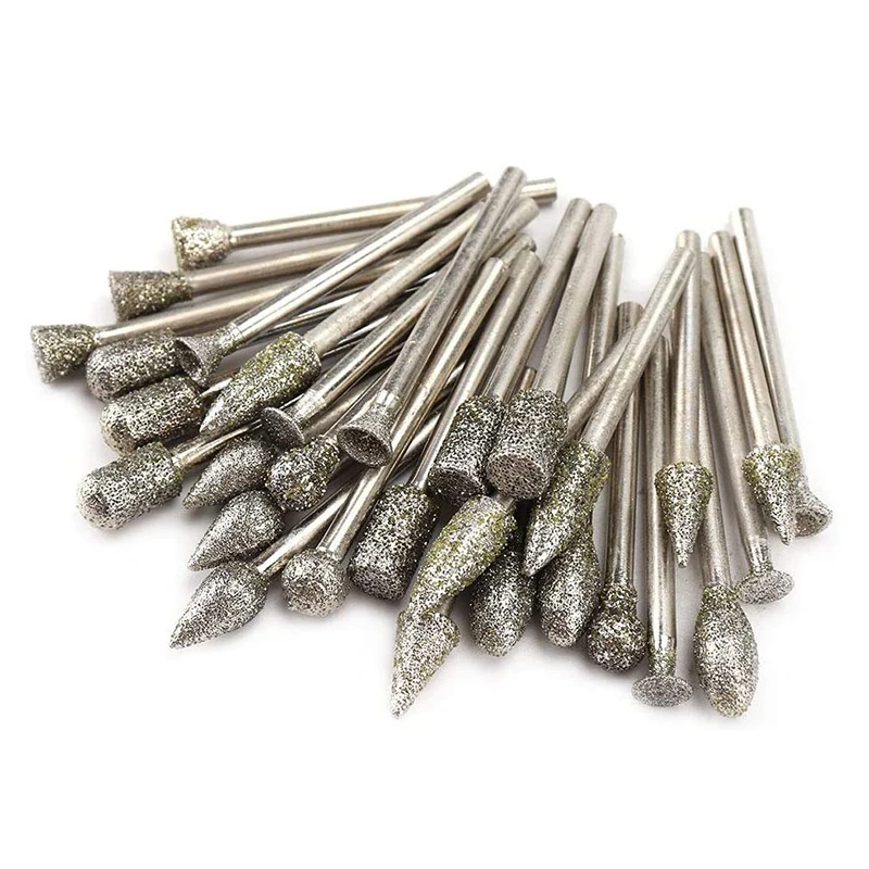 

30 PCS Diamond Burr Set Rotary Grinding Burrs Drill Bits Set with 1/8 Inch Shank Diamond-Coated Stone Carving Bit