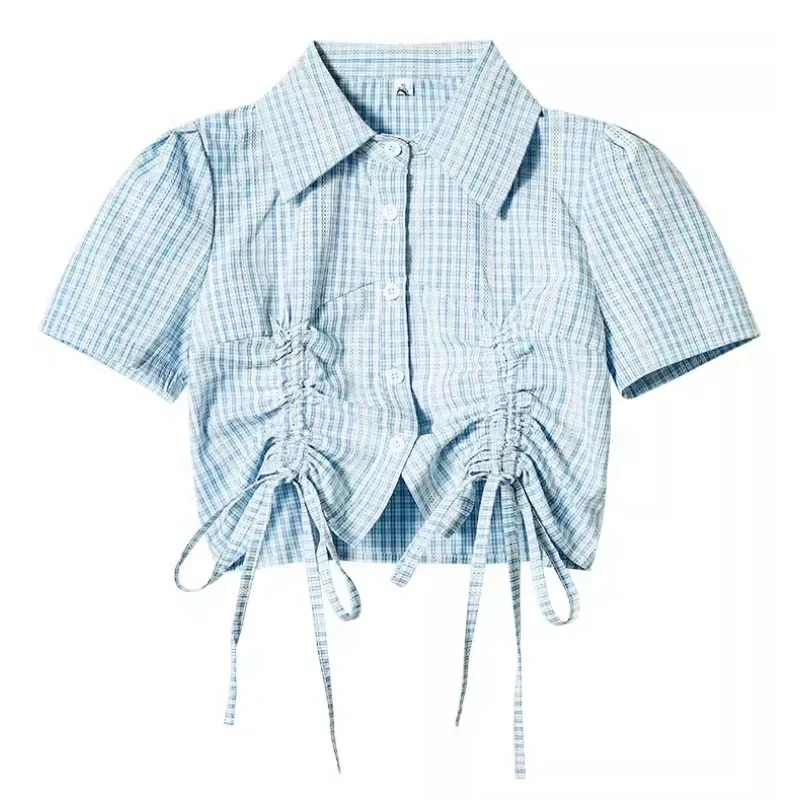 Шикарные женские рубашки с отложным воротником клетчатые блузки коротким