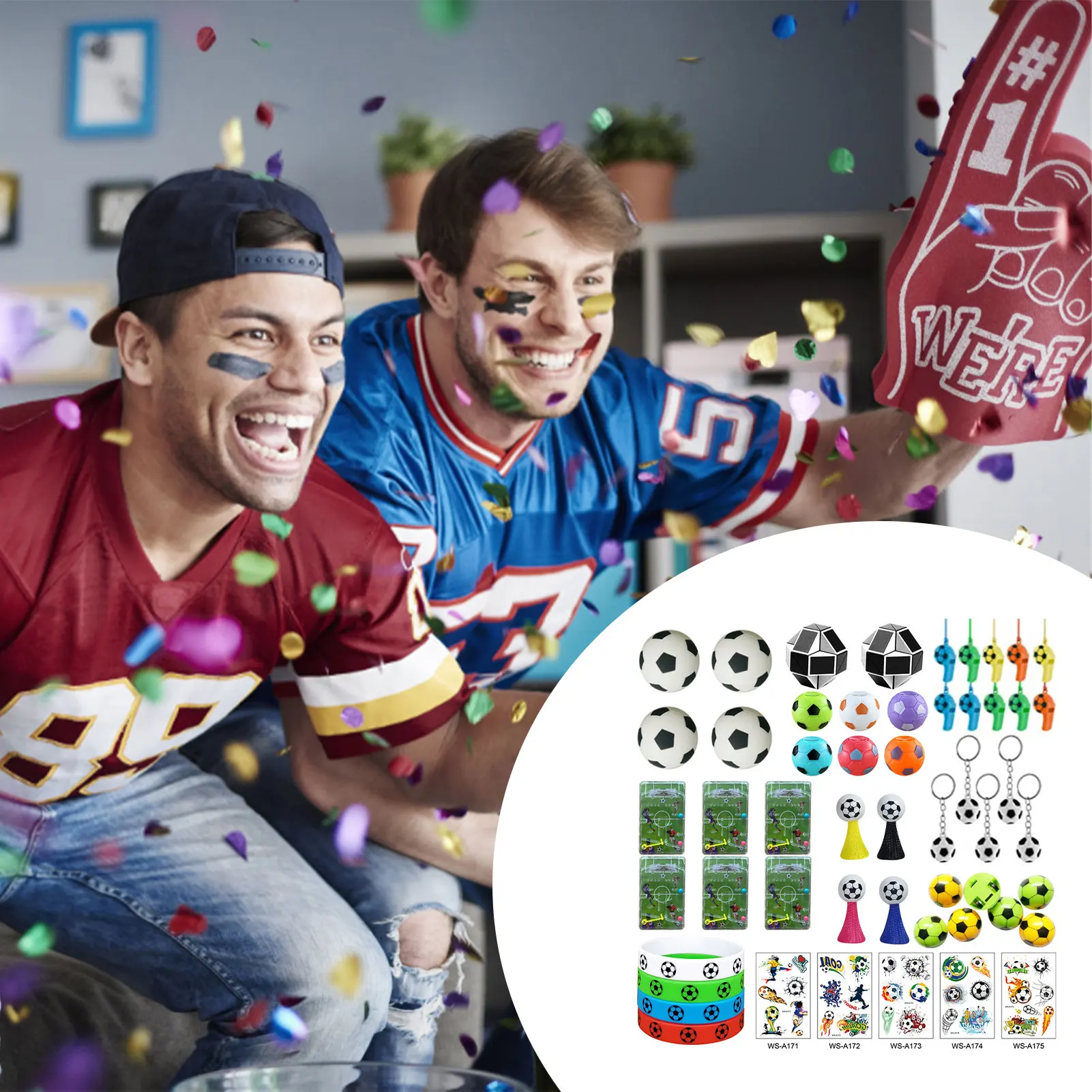 

51pcs 2022 Qatar World Football Cup Party Supplies DIY Hand Soccer Ball Toy Set For Kids Whistle Key Chain Sticker Random Color