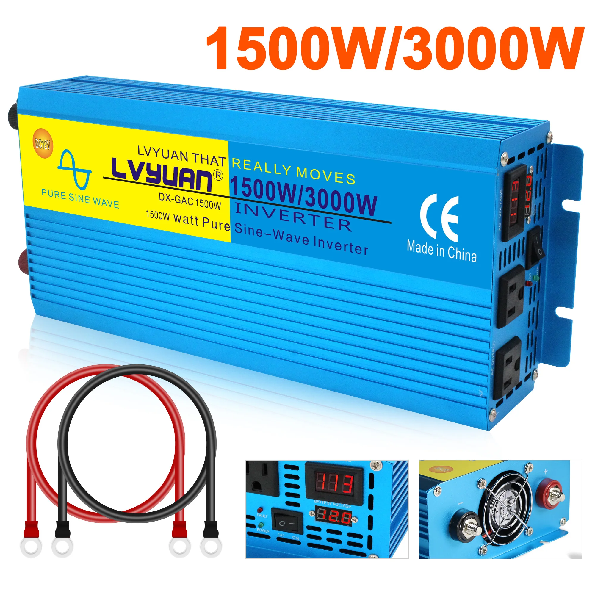 

Pure Sine Wave 3000Watt DC12V/24V To AC 220V110V 50Hz 60Hz LCD Display US/EU Socket Outing/Home Double Brand Power Inverter